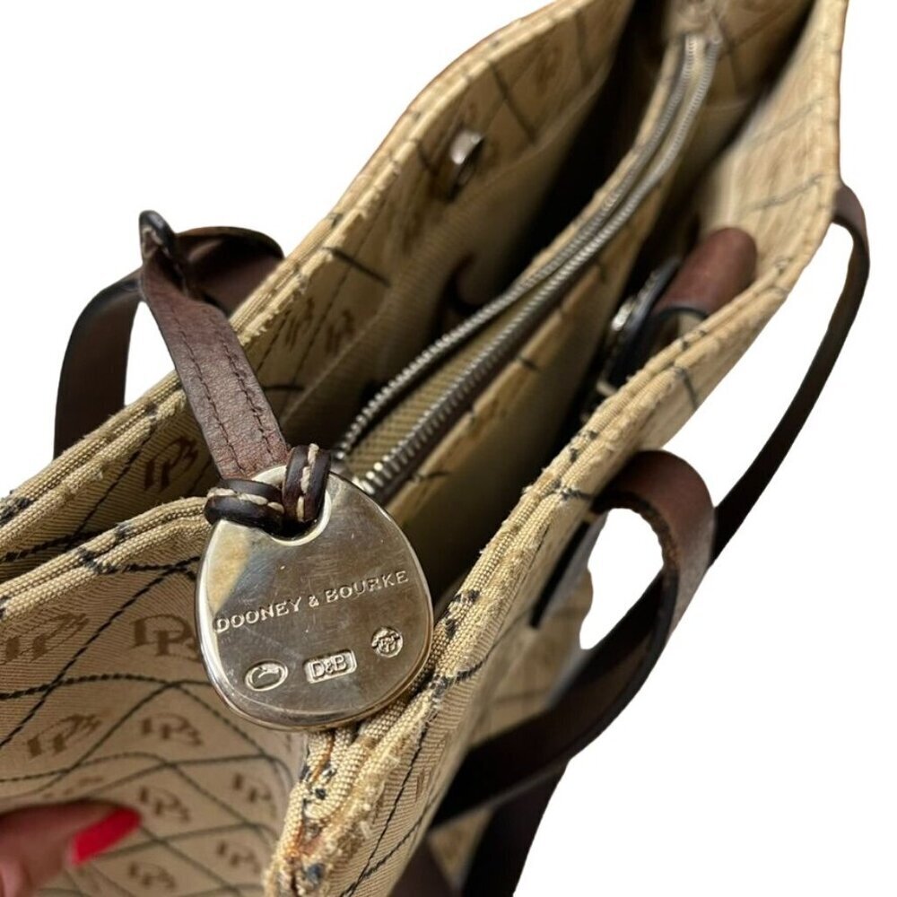 Numbered Dooney & Bourke Beige Logo Tote Bag With Brown Leather Straps and Trim - Picture 6 of 13